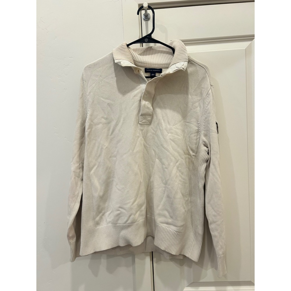 Banana Republic Mens Beige Cotton Blend 1/4 Button Mock Neck Pullover Sweater